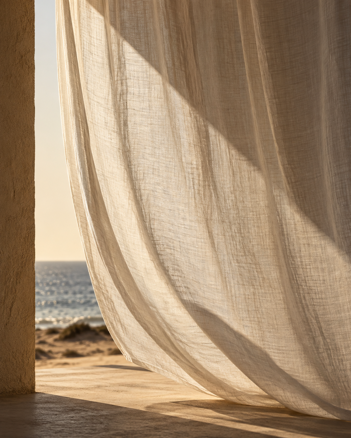 Sunlight passing through a linen curtain beside the sea